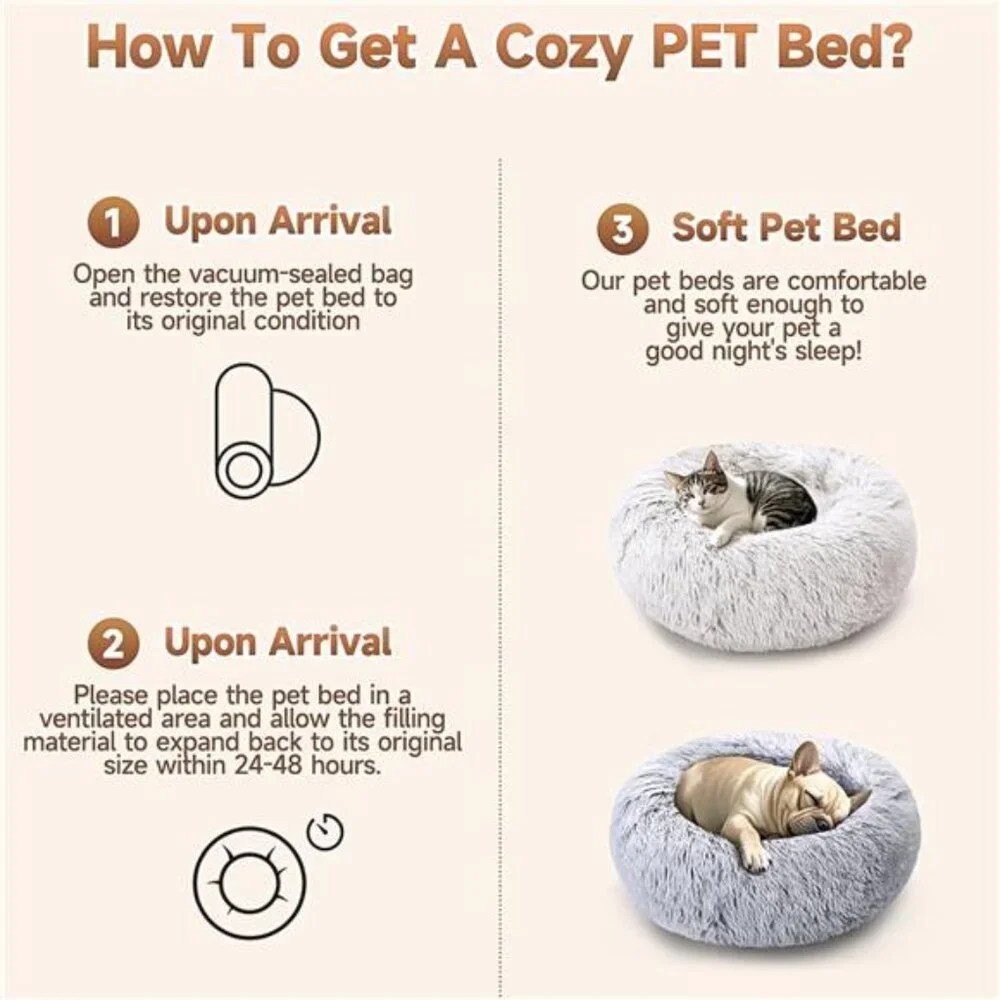 Dog Cat Bed 2 Pack Medium Donut Calming Round Fluffy Washable Pet Bed Grey White